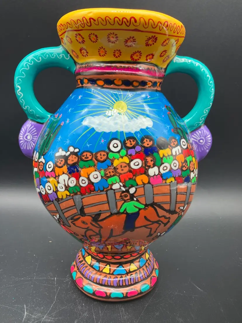 BIN - Colorful Hand Painted Mexican Pottery Wall Vase Planter With Bullfight Scene 8.5”