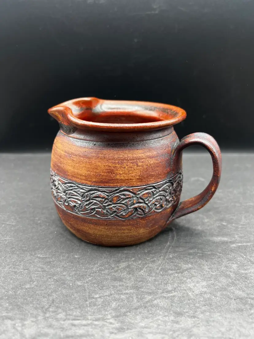 #557B Vintage Studio Pottery Creamer Pitcher Signed Rita Ward Mount Sequoyah Arkansas 1990. Beautiful Decorative Band In A Brown Glaze
