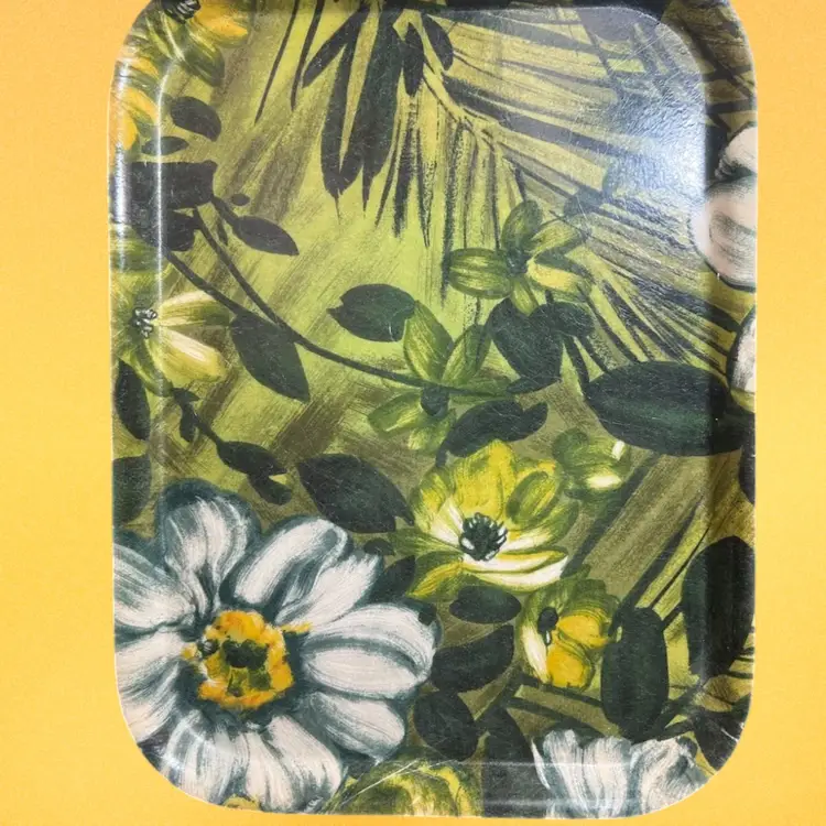 Vintage Green And Yellow Floral Fiberglass Tray Mid Century