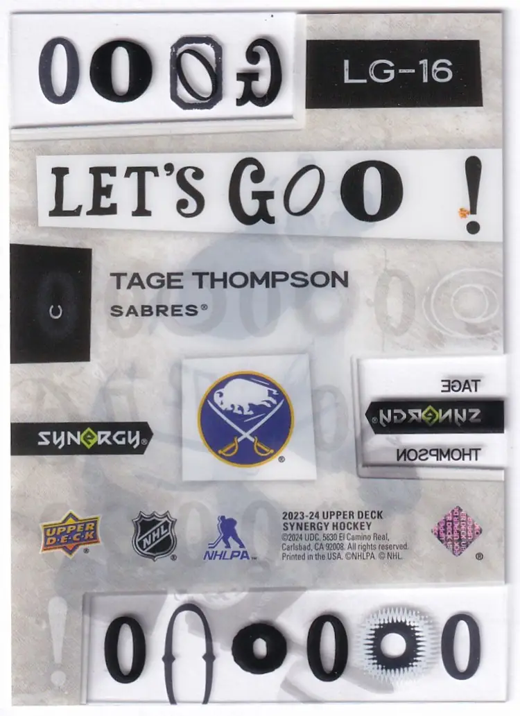 2023-24 Synergy Let's Goooo #LG16 Tage Thompson Buffalo Sabres Hockey Card