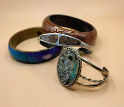 Vintage Lot of 4 Bracelets Cuff/Wooden/Abalone Shell/Pewter