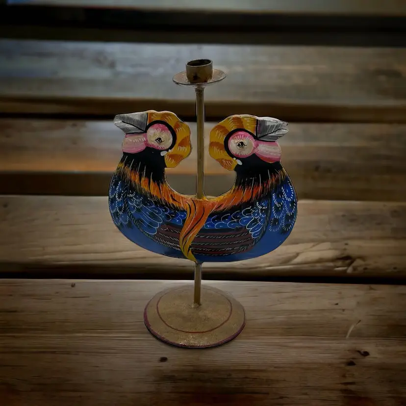 Folk Art Hand Painted Farmhouse Decor Rooster Chicken Metal Candle Holder