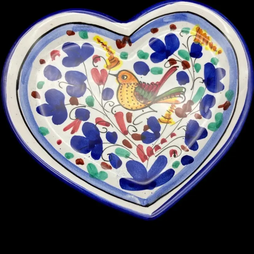 BIN - Heart Trinket Dish With Bird And Flowers, Deruta, Italy