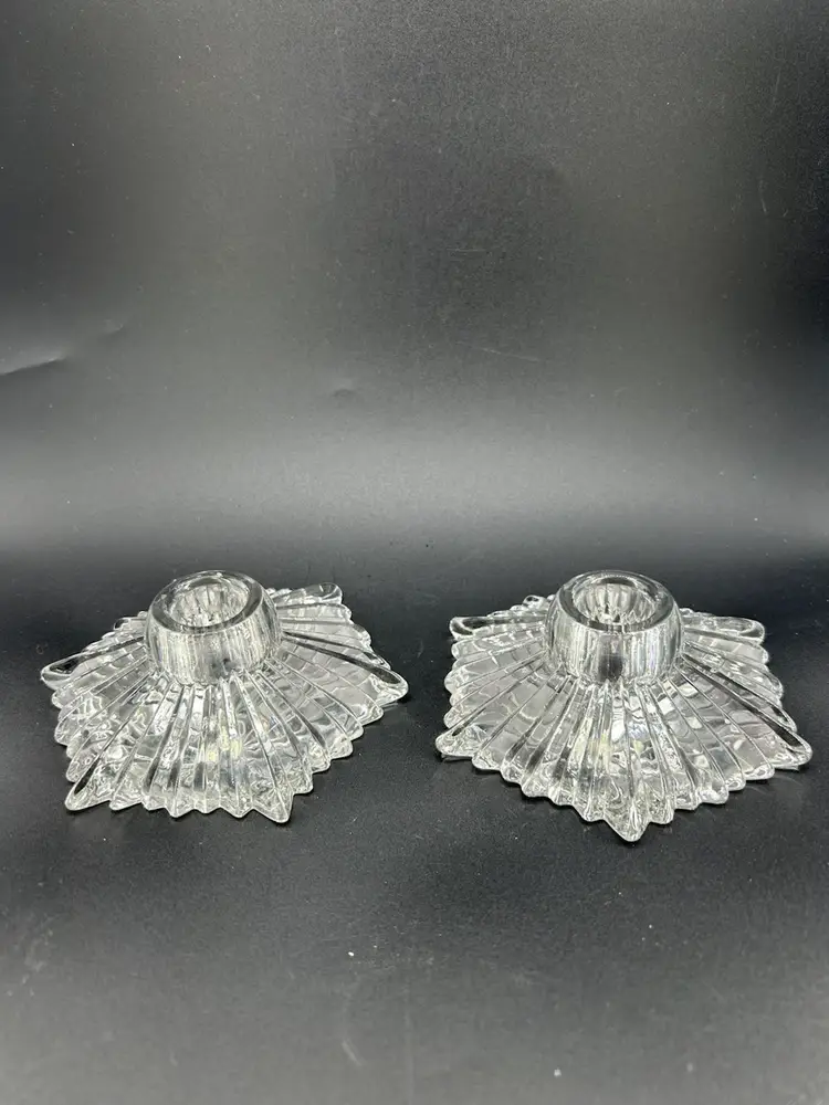 PAIR OF CLEAR PRESSED GLASS STARBURST CANDLE HOLDERS
