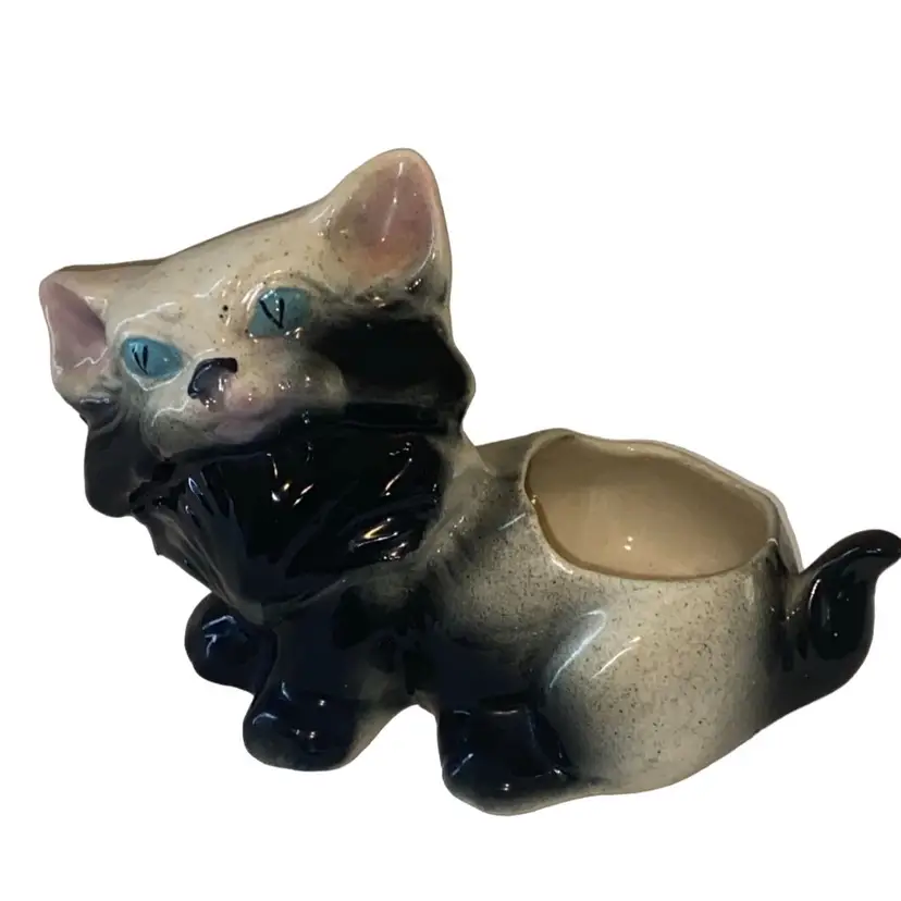 Vintage 1960S Black And White Kittycat Planter, Blue Eyes And Pink Ears