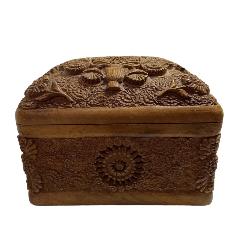 Vintage Wood Carved Hinged Cigarette Box Circa 1940. Wood Container With Intricate Flower Design.