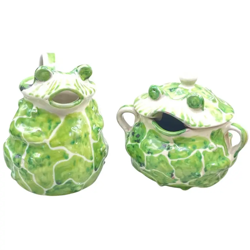 Vintage Folk Art Frog Sugar Creamer Set Signed Mexico