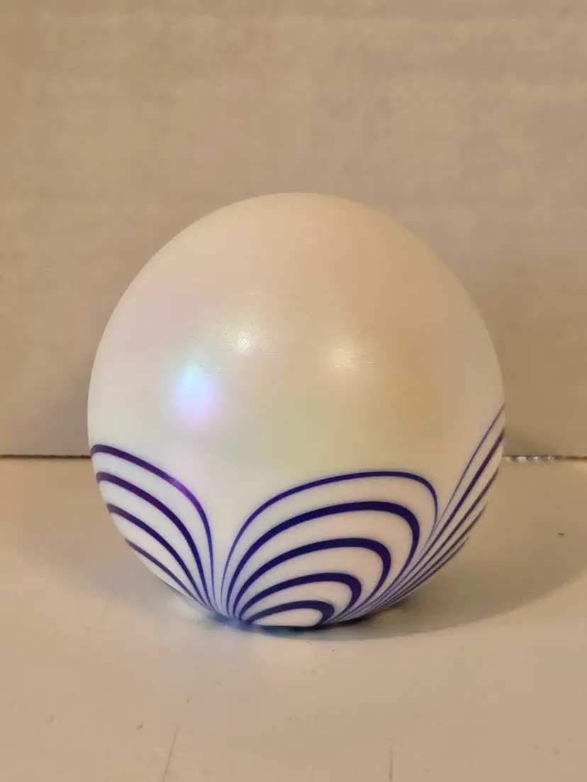 Pearly White and Cobalt Irridescent Pulled Feather Art Glass Paperweight