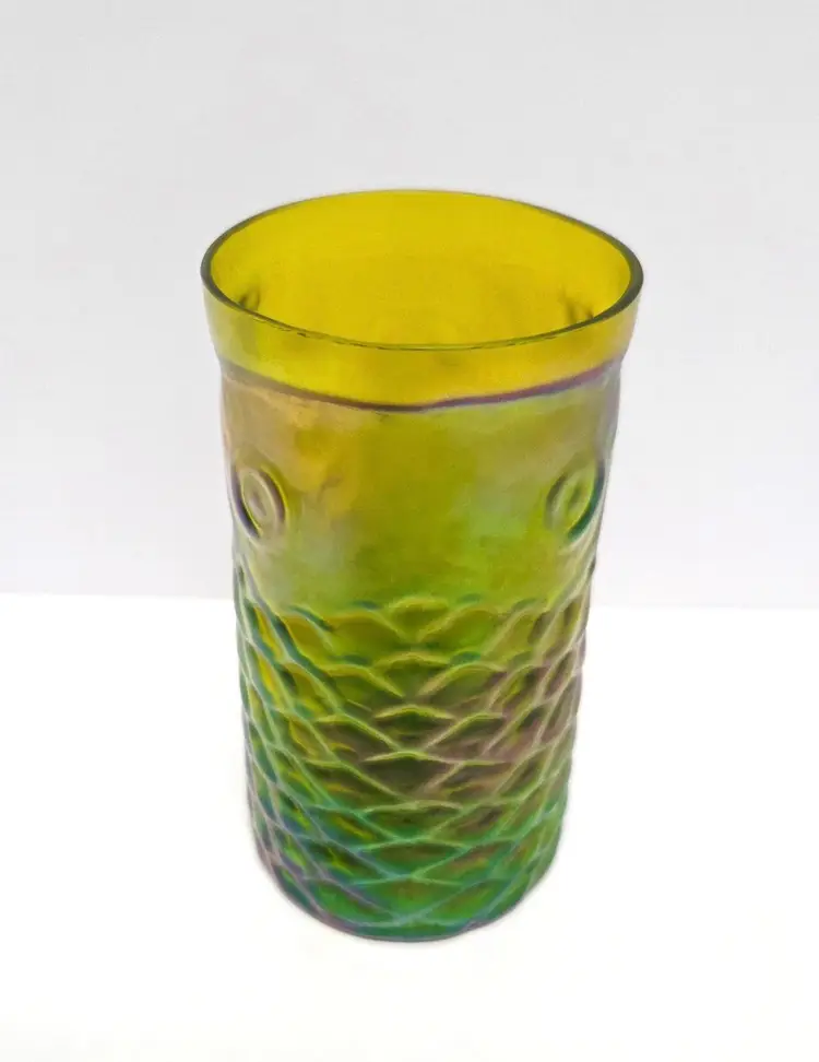 RARE John Cook Blown Glass Koi Fish Tumbler/Green-Yellow Iridescent Art Glass/Fish Scales/Fish Eyes/Collectible/Art Glass/Vase/Artist Signed