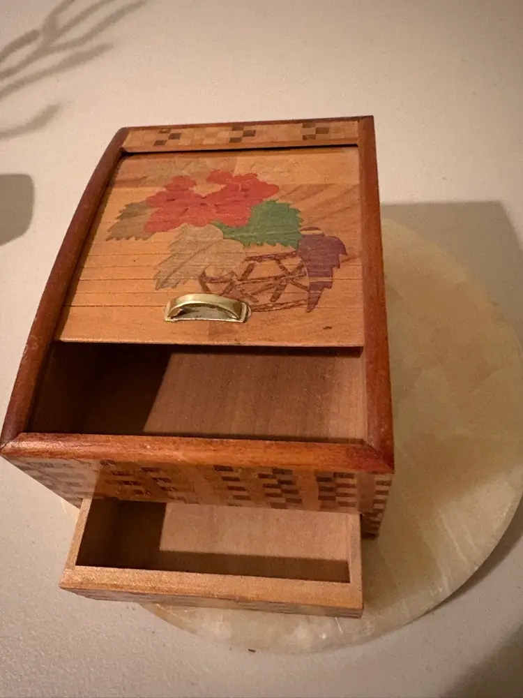 VINTAGE WOODEN JAPAN SMALL Cigarette BOX W/ DRAWER AND ROLL TOP