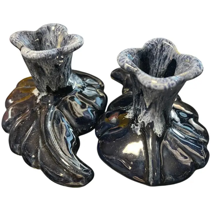 Signed Pair Of Van Briggle Art Nouveau style ceramic candlesticks with Blue And White lava drip glaze.2.5” Tall