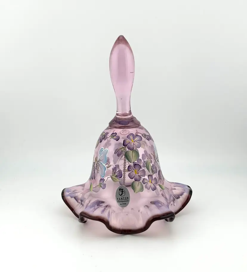 Signed Hand Painted Pink Purple Fenton Glass Bell 5”x 6.75”