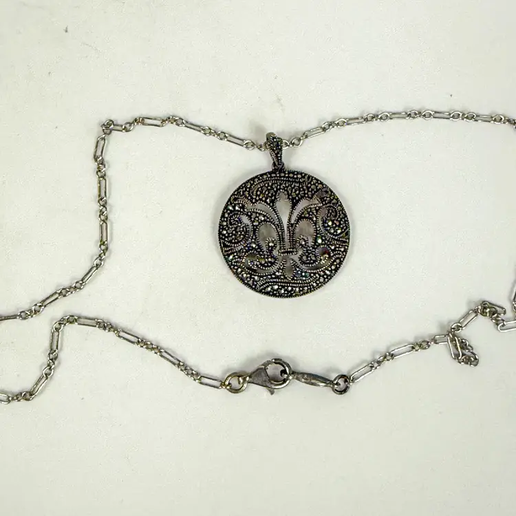 Sterling Silver Marcasite Round Fleur de Lis Pendant