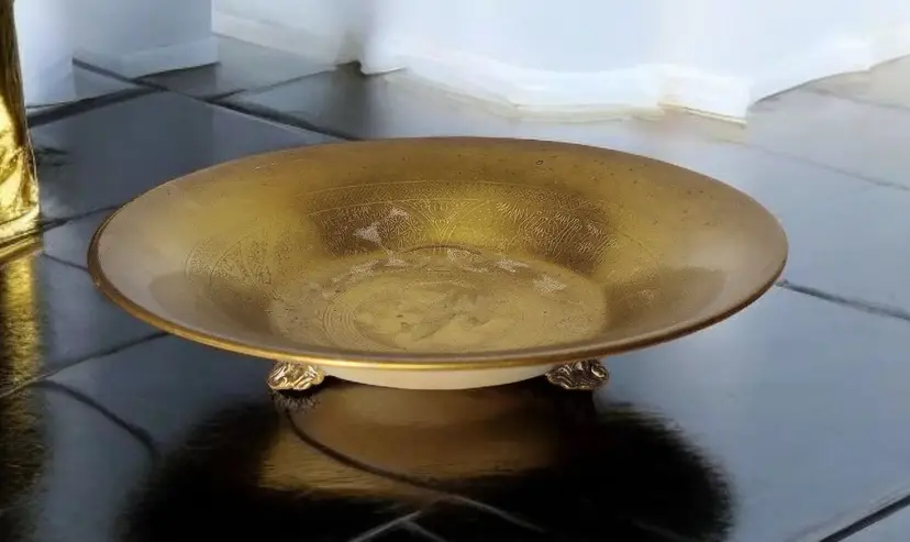 Vtg Etched Footed Brass Bowl Dish Chinese Symbols Animals 12in Hong Kong READ