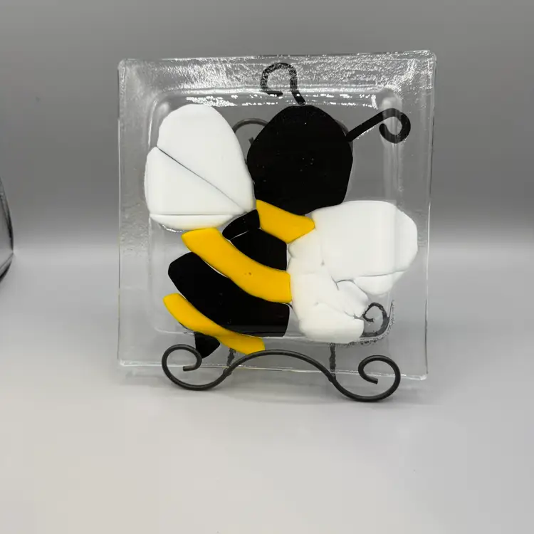 Handmade Fused Glass Bee Trinket Dish 4” Square