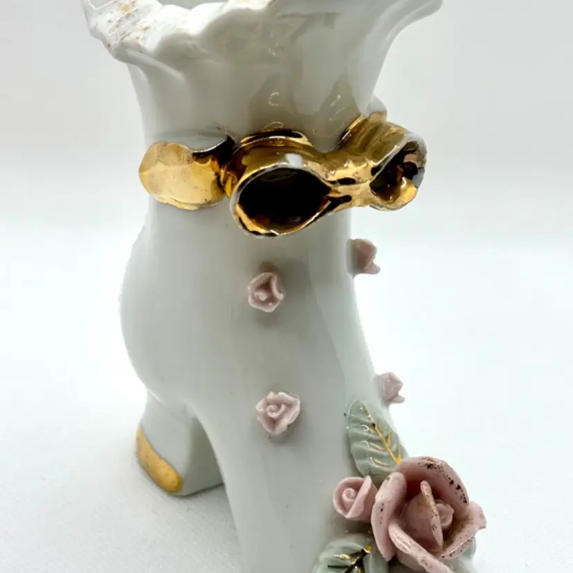 Vintage Victorian Lady’s High Top Boot Shoe, Applied Gold Laces Pink Roses Porcelain Vase Planter, By Napco, Made In Japan
