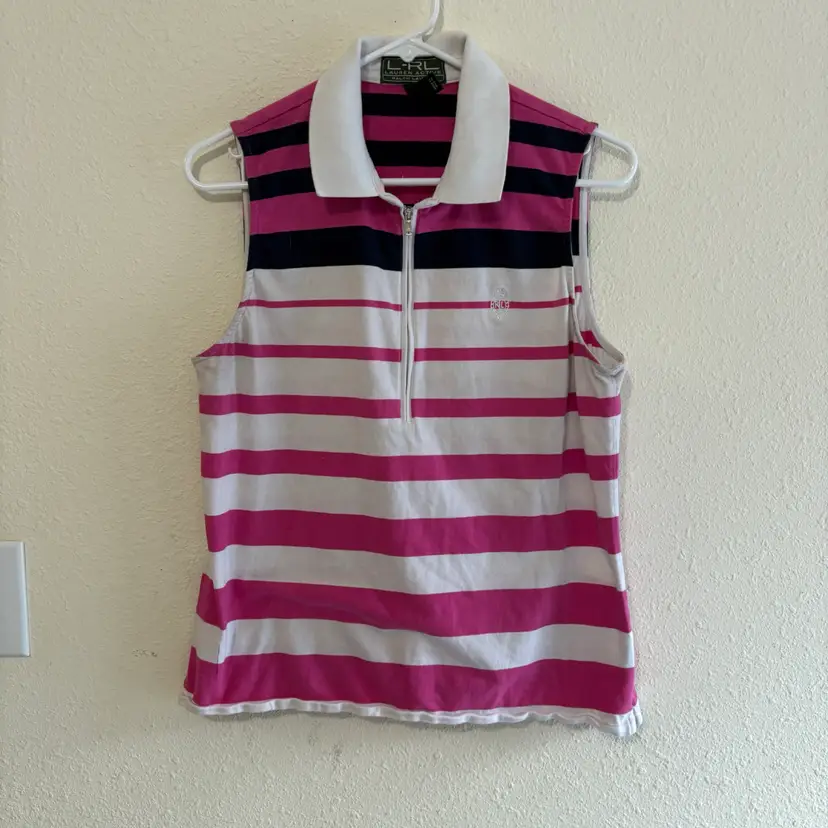 042. Lauren Ralp Lauren Pink Blue White Striped Golf Polo