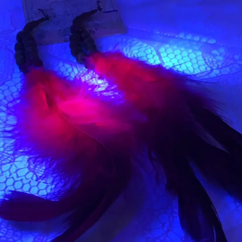Glowy Mean Magenta Red Feather Earrings 7” Long Soft Light Glowy