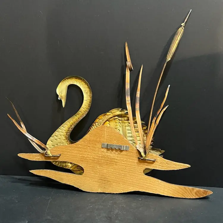 1970s Copper & Brass Swan on Wood with Cattails Wall Art ~11.25x11x1.5"