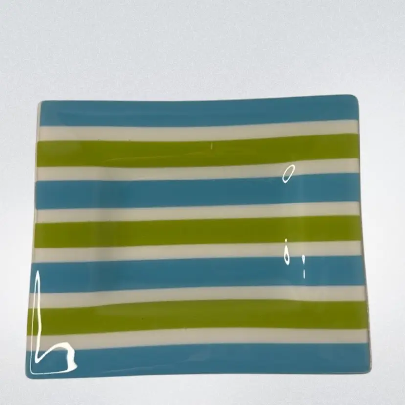 Hand Crafted Fused Art Glass Serving Tray Turquoise/white/Lime Green Stripes Signed by Artist Greta Nelson 11-3/4” x 9-38”