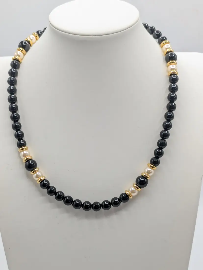 Vintage Napier Faux Pearl and Black Bead Necklace Gold Tone Accents