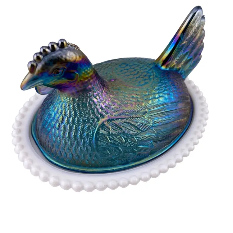 Vintage Chicken Hen On Nest Blue Carnival Iridescent On Milk Glass READ