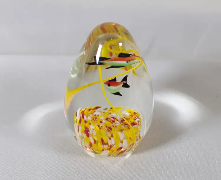 Art Glass Aquarium Paperweight Egg Shape Tropical Fish 3.5" Tall