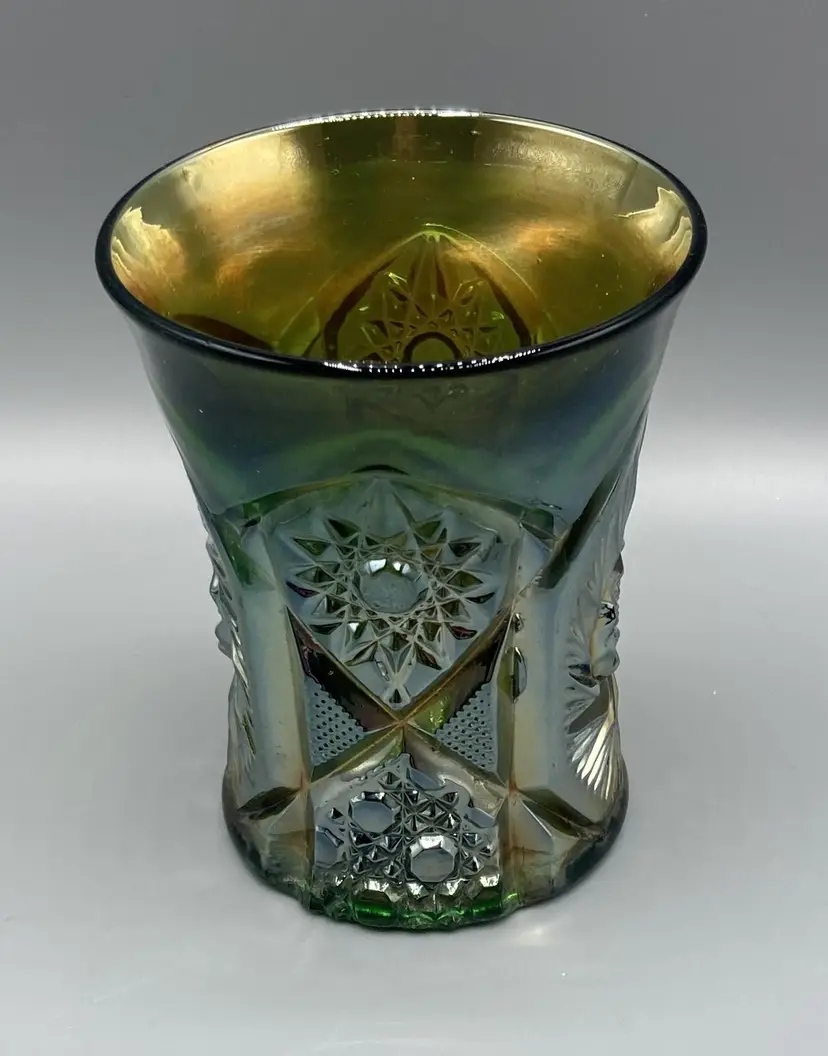 Green Cambridge Carnival Glass Double Star Pattern Tumbler - Vintage