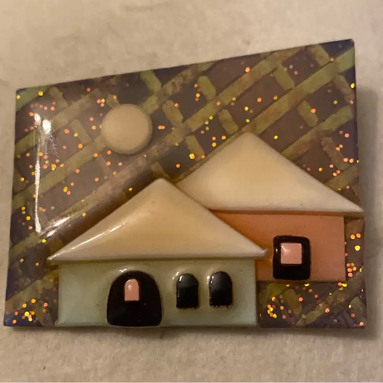 LUCINDA House Pin - Glittery Dusky Background With Peach And Green Houses And A Full Moon.