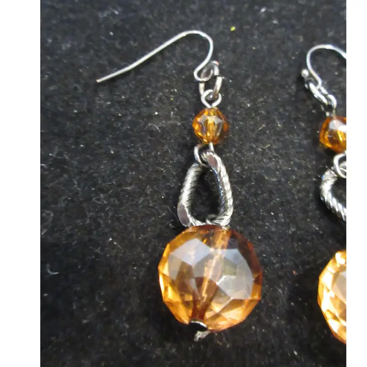 Vintage Retro Faceted Amber Acrylic Beads and Gray Metal Dangle Earrings with a French Wire - 2 Inches Long