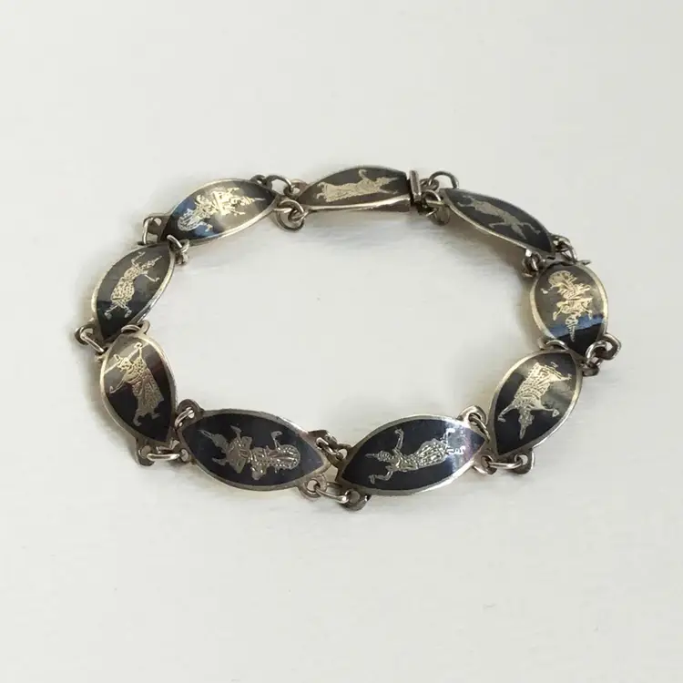 Vintage Sterling Silver Siam Nielloware Dancers Link Panel Bracelet