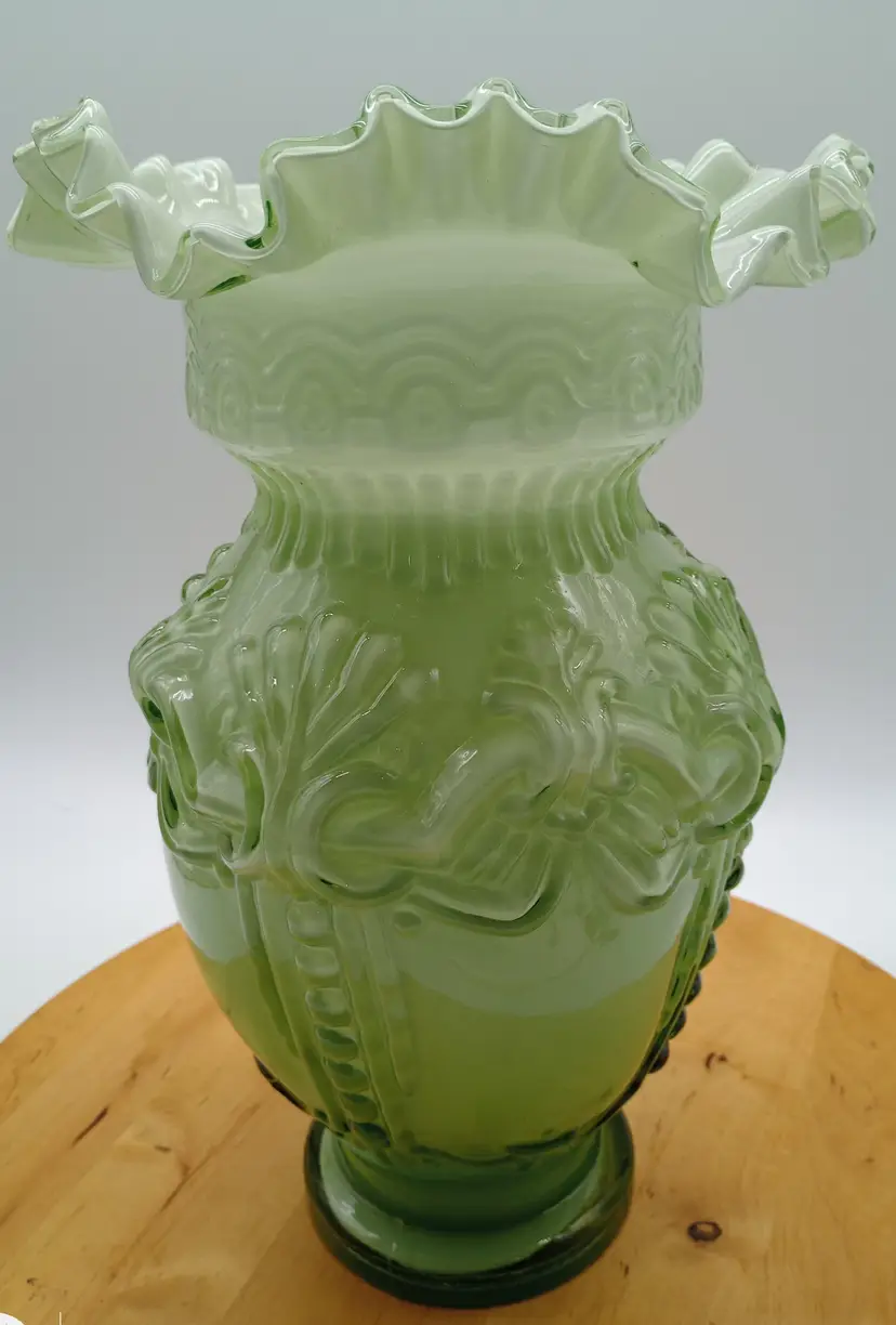 Antique ,Green Opalescent Glass Mantle Vase.