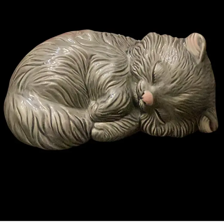 Vintage Ceramic Figurine Grey Kitten Sleeping