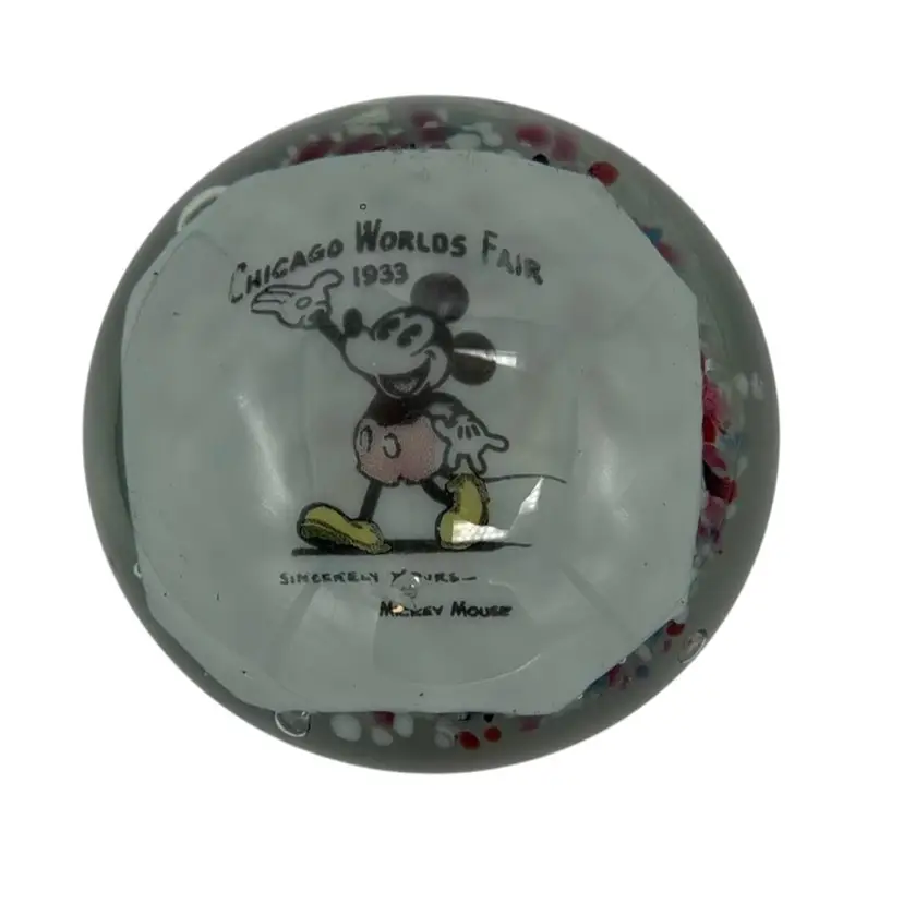 1933 Chicago World’s Fair Mickey Mouse Colorful Frit Base Mouthblown Souvenir Magnum Paperweight - 5.5” Diameter