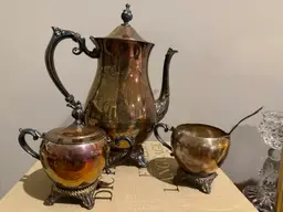 Silver Plate 3-Piece Tea Coffee Service Set with Teapot, Creamer, Spoon and Sugar Bowl