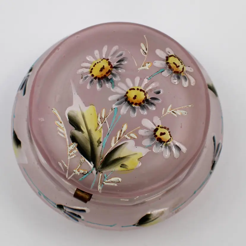 Bohemian Moser Satin Glass Pale Pink Hand Painted Enamel Powder Jar Antique