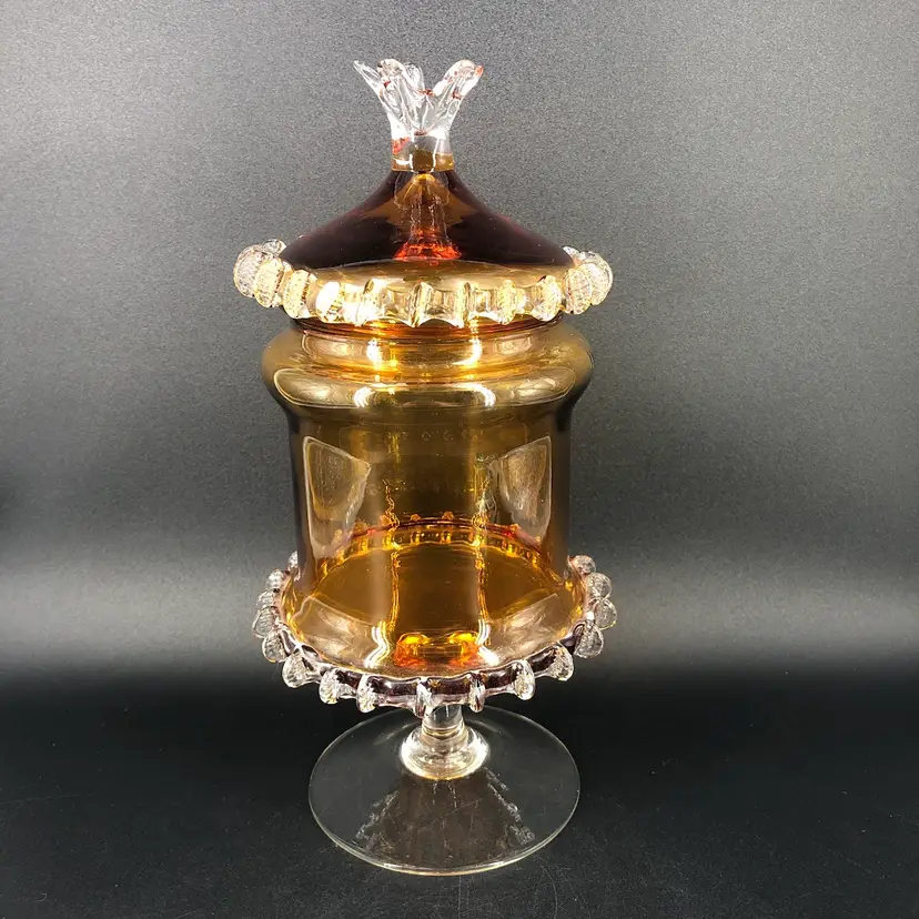 Vintage Mid-Century Modern Empoli Candy Dish Amber Glass Covered Compote