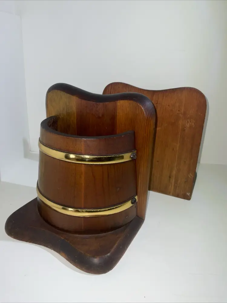 Wooden Half Barrel Bookends/planters Vintage MCM Well Made Unusual 