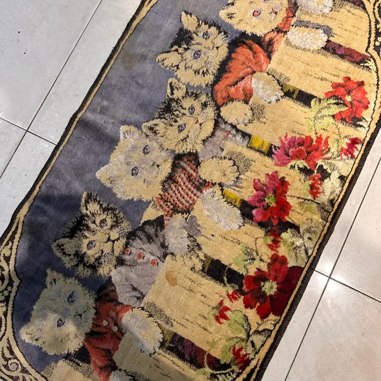 Vintage Turkish Pictorial Cats Velvet Panel Rug Or Wall Hanging