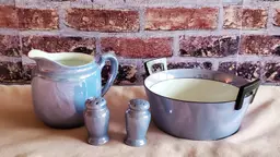 Noritake Japan Blue & Black Lusterware Creamer, Bowl, Salt & Pepper Shakers