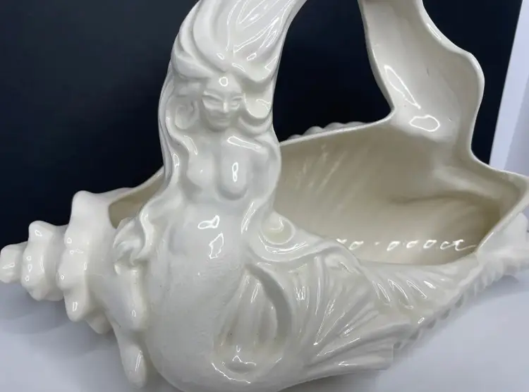 Vtg Large Ceramic Pottery Planter Vase Basket Seashell MERMAID White Hobbyist