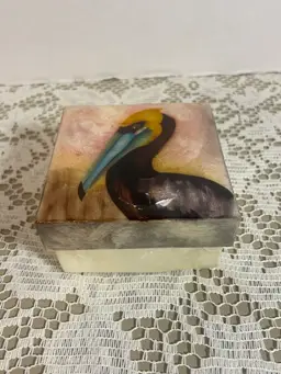 Hand Painted Pelican Head on Oyster Trinket Box 3" Wide 1.5"