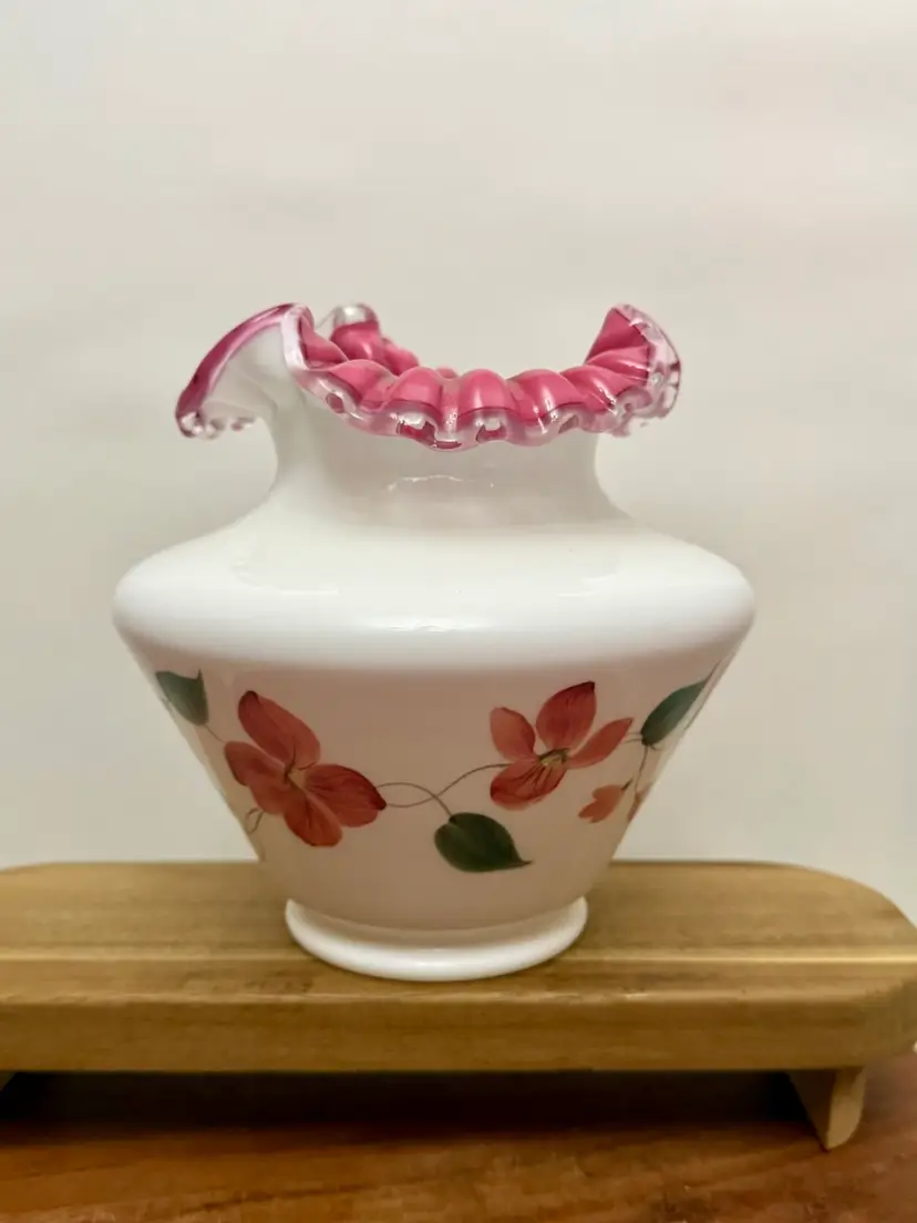 Fenton Hand Painted Peach Crest Ruffled Vase