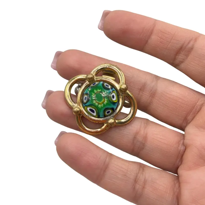 Rare Murano Glass Millefiori Gold tone Brooch Stamped