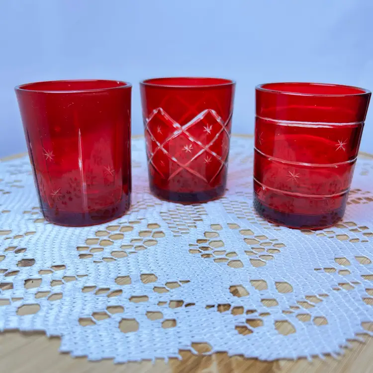 Vintage Set of 3 Flashed Ruby Red Cut to Clear Glass Votive Candle Holder