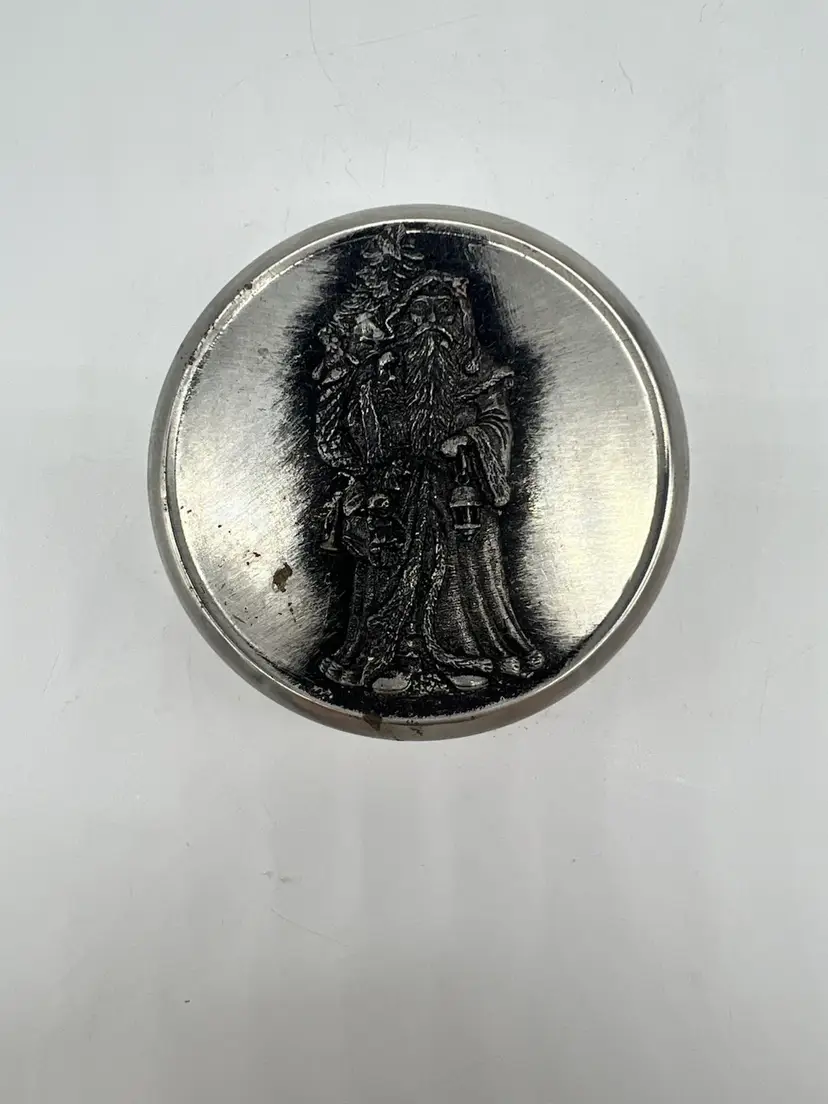 Vintage Metzke Trinket Box Or Tin With A Pewter Santa On The Lid