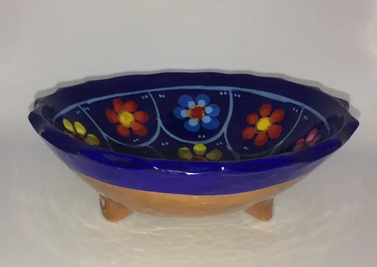 2" Tall Pottery Bowl with Flowers and Gold Flakes 5" wide.