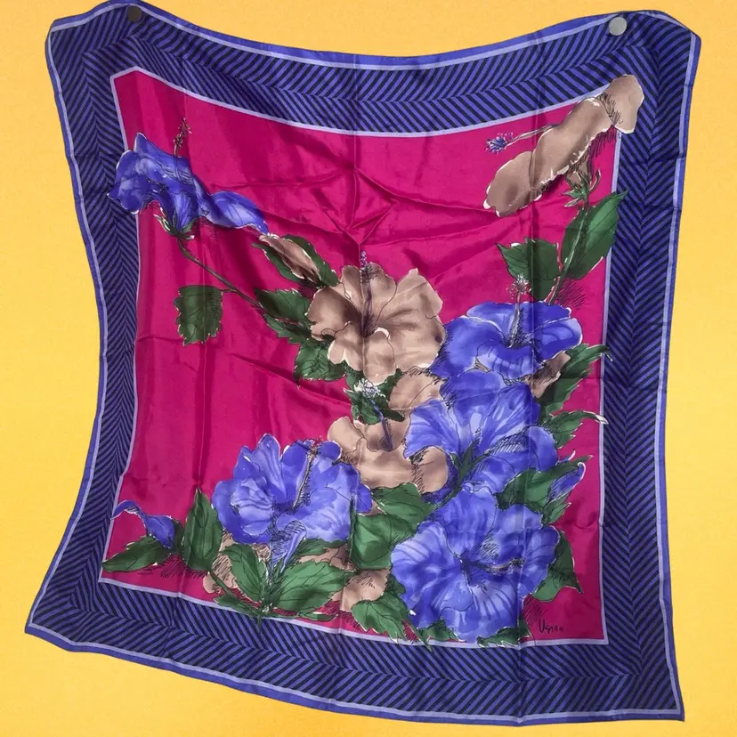 Vintage Vera Neumann Tropical Purple Pink Hibiscus Silk Square Scarf 30.5"