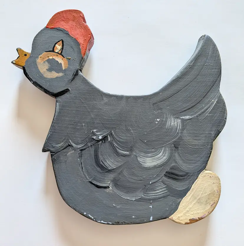 wooden handmade Hand Painted chicken hen decor 1970s