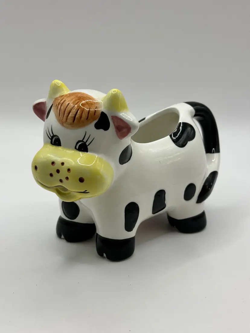 Vintage Whimsical Ceramic Cow Planter Creamer, Black and White with Yellow Accents, Farmhouse Decor, Unbranded